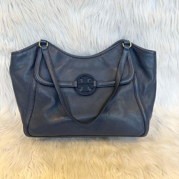 Tory Burch Amanda Pebbled Leather Easy Tote Bag Shoulder Bag Night Sky Blue - Picture 2 of 10